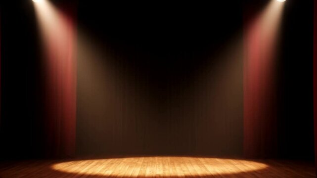 A dimly lit stage with red curtains drawn back, revealing a spotlight illuminating the center