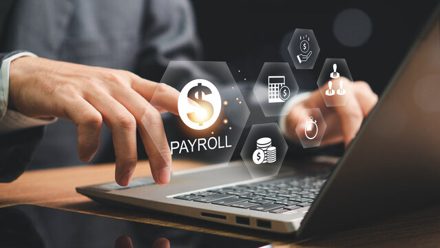 Payroll Management and Financial Processing System. payment of salaries to employees. Businessman works on payroll management with icons for payment, scheduling, and efficient payroll operations.