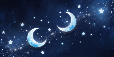 Naklejka premium Dreamy Nightscape With Crescent Moons And Sparkling Stars Background Illustration