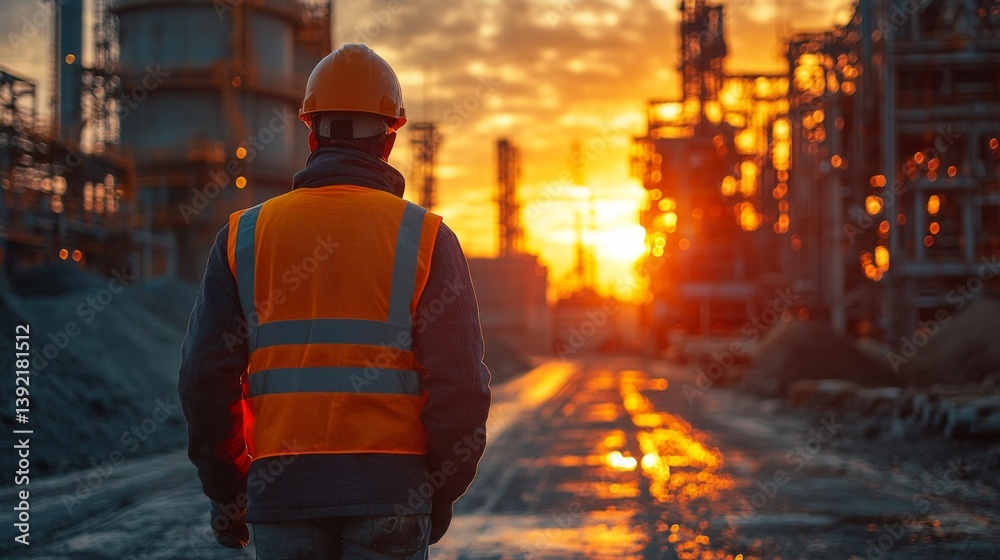 Poster a worker in safety gear stands on a construction site at sunset, observing ongoing mining and extrac