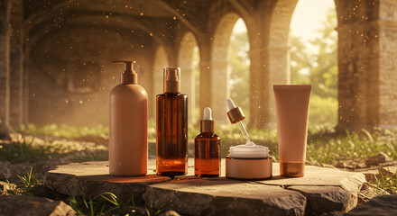 Rustic Skincare Bottles Displayed Against an Ancient Ruins Backdrop with Sunlit Archways for a Timeless and Earthy Beauty Aesthetic