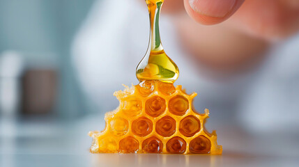 Macro honey drop suspended above hexagonal surface. Amber liquid reflects warm light and honeycomb texture, creating detailed natural macro visual.