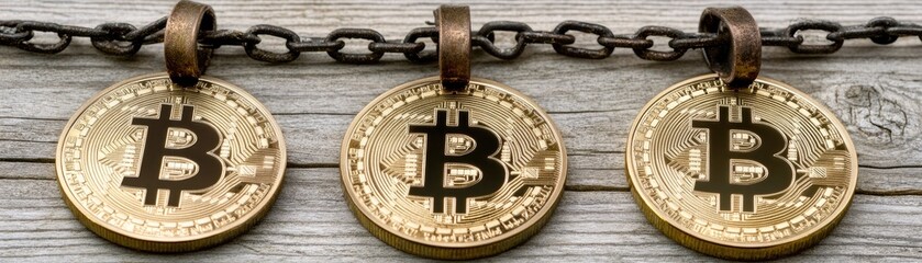 Obraz premium Coins suspended from chain on wood surface, three crypto currency tokens, symbol concept