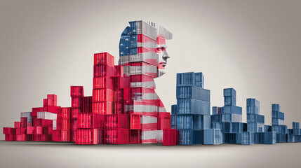 Stacks of cargo containers in a form a silhouette painted in colors of the US flag