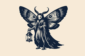 Moth humanoid with lantern, vintage black engraving art