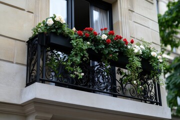 Fototapeta premium A picturesque balcony featuring a beautiful arrangement of colorful flowers and trailing plants, capturing the essence of charming urban living in a welcoming way.