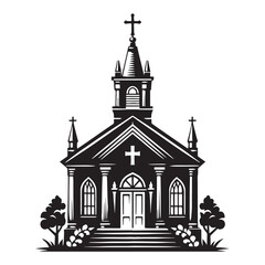 Quiet Hilltop Chapel silhouette, overlooking a serene valley – Chapel illustration – Minimalist chapel vector – Building silhouette

