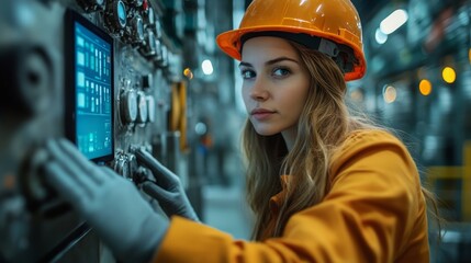A dedicated woman operates a control panel in a mining and metallurgy facility, demonstrating the role of technology in extraction processes while wearing safety gear and focused on her tasks.