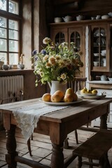Obraz premium A table with a vase of flowers and a fruit platter