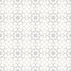 A seamless geometric pattern with intricate floral elements in black and gold on a white background.