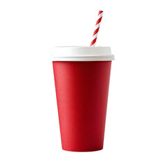 Red paper coffee cup with white lid and striped straw, isolated.