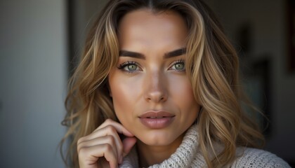 Beautiful Woman Portrait With Green Eyes And Wavy Blonde Hair Style