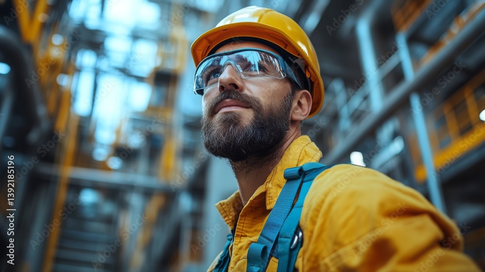 Poster a worker wearing a hard hat and safety goggles looks confidently at the machinery and infrastructure