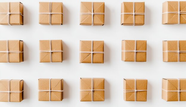 Aligned brown kraft boxes with string on a white surface viewed from directly above