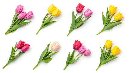 Obraz premium Collection of fresh colorful tulip flowers bouquet isolated on white background