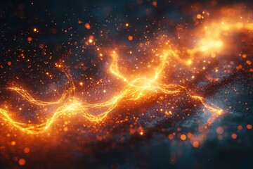 Naklejka premium Dynamic orange and blue glowing particles create an abstract cosmic landscape at twilight