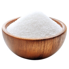 Rustic wooden bowl filled with white granulated sugar, isolated.