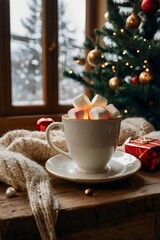 A white cup with marshmallows in it sits on a wooden table next to a Christmas t