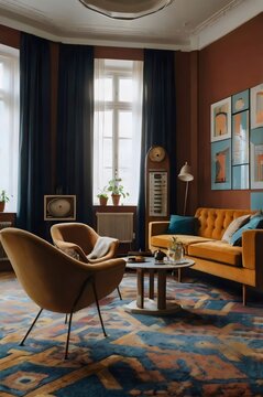 A living room with a couch, two chairs, a coffee table, and a potted plant