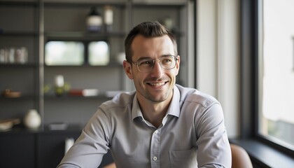 Obraz premium Cheerful Businessman Wearing Glasses Looking Away Thoughtful In A Modern Office