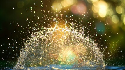 Soap bubble bursts in midair, spraying tiny droplets against a shimmering backdrop