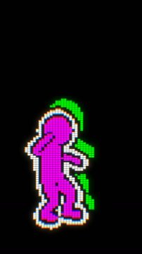 Seamless funny vertical video of a dancing videogame character isolated with black background.  Chromatic aberration screen pixel style backdrop.