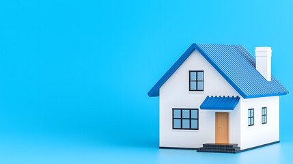 3d white house with a blue roof model for real estate isolated on blue background