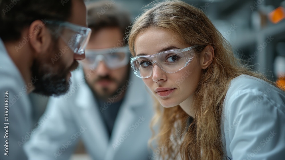 Aufkleber A group of engineers in lab coats engages in a discussion about new techniques in mining and extraction, focusing on improving construction and fabrication processes.