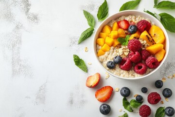 Delicious oatmeal breakfast bowl with fresh mango raspberries blueberries and strawberries Bright isolated on transparent background