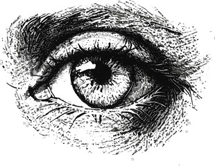Obraz premium Angry eye with halftone stipple effect, for grunge punk y2k collage design. Vector illustration in vintage photocopy style for gothic surreal poster or banner.