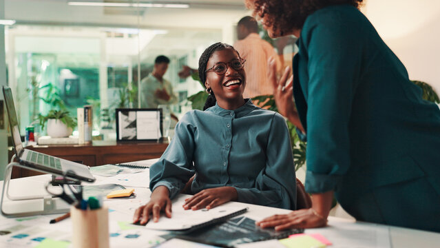Creative, teamwork and women with planning in office for campaign ideas, business meeting and design strategy. Graphic designer, people and happy with documents for research feedback or collaboration