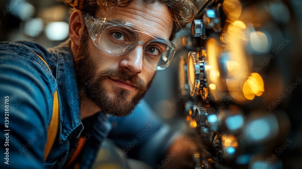 Poster Technician examines intricate controls of heavy machinery used in mining and metallurgy. Focused work reflects attention to safety and precision in operation at the facility.