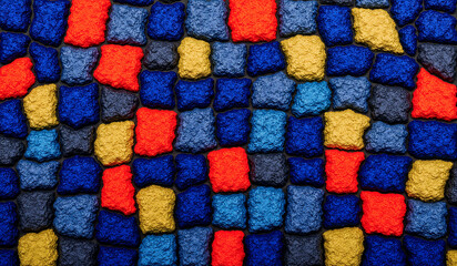 a blue, yellow and red rug with squares on it