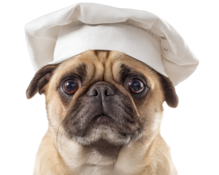 funny pug dog wearing chef hat, looking serious and adorable, adds playful touch to any kitchen scene. This charming pet is ready to pretend to cook and entertain