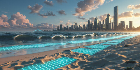 Futuristic Cityscape With Glowing Grid Overlays On Beach And Ocean Waves