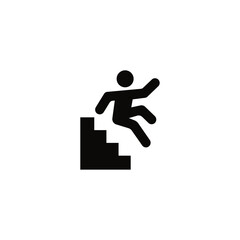 Warning icon of person tumbling down stairs, depicting accident risk.