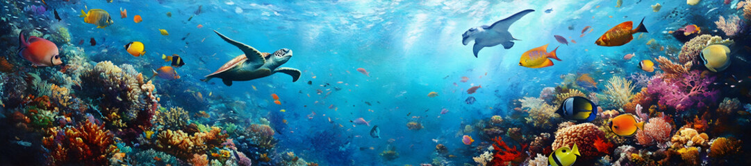 Fototapeta premium A vibrant coral reef teeming with colorful fish