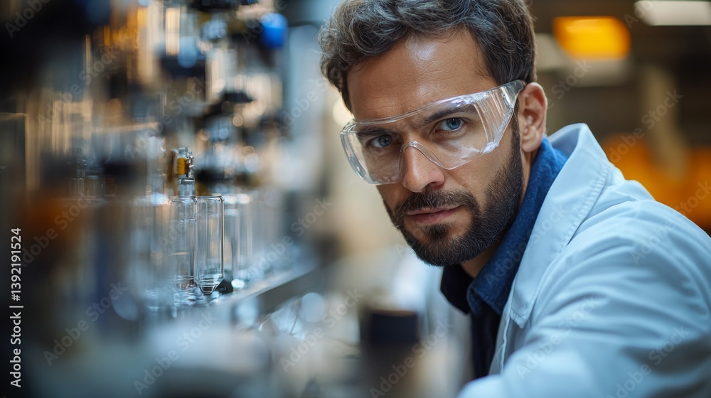 Poster a laboratory technician in a white coat and safety goggles is focused on conducting experiments with