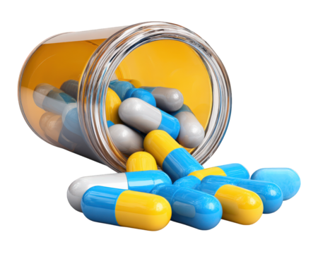 close up of pill bottle tipped over, with colorful capsules spilling out. vibrant blue, yellow, and gray pills create striking visual, evoking sense of curiosity about their purpose