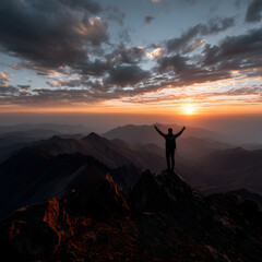 man on top of the mountain reaching his objective	