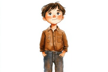 A pensive young boy in a brown shirt gazing upward watercolor illustration soft details isolated on transparent background