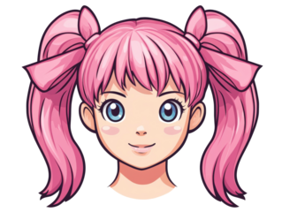 Cute girl with pink hair and bows for creative designs and art, cut out