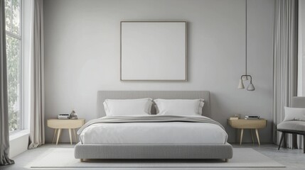 Bright serene bedroom interior with a minimalist design and gray color palette featuring a comfortable bed and picture frame