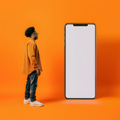Man looking at giant smartphone screen.