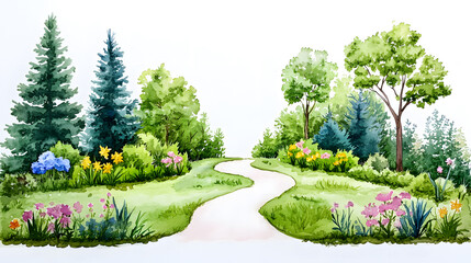Obraz premium Watercolor painting of forest road landscape 