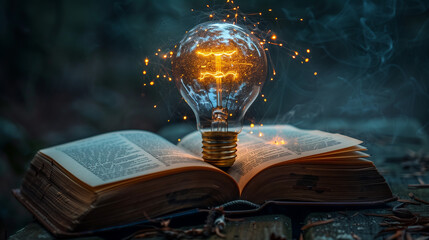 An incandescent lightbulb. A book, displaying a brain  gaining knowledge, understanding and creativity.
