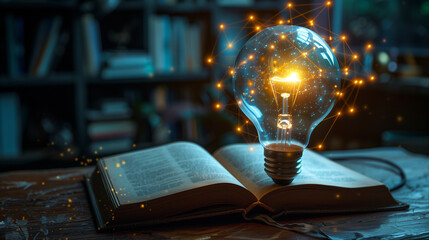 An incandescent lightbulb. A book, displaying a brain  gaining knowledge, understanding and creativity.