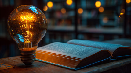 An incandescent lightbulb. A book, displaying a brain  gaining knowledge, understanding and creativity.