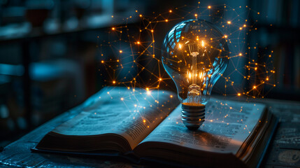 An incandescent lightbulb. A book, displaying a brain  gaining knowledge, understanding and creativity.