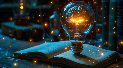An incandescent lightbulb. A book, displaying a brain  gaining knowledge, understanding and creativity.
